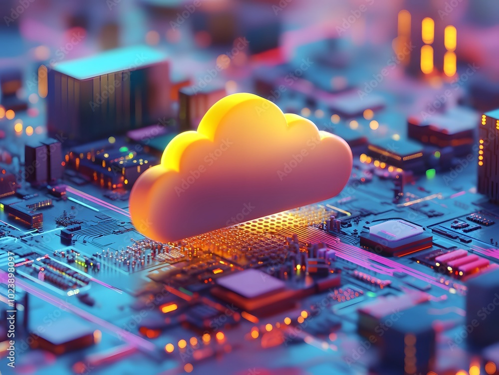 Aufkleber a vibrant cloud symbol over a digital circuit board, representing cloud computing and technology int