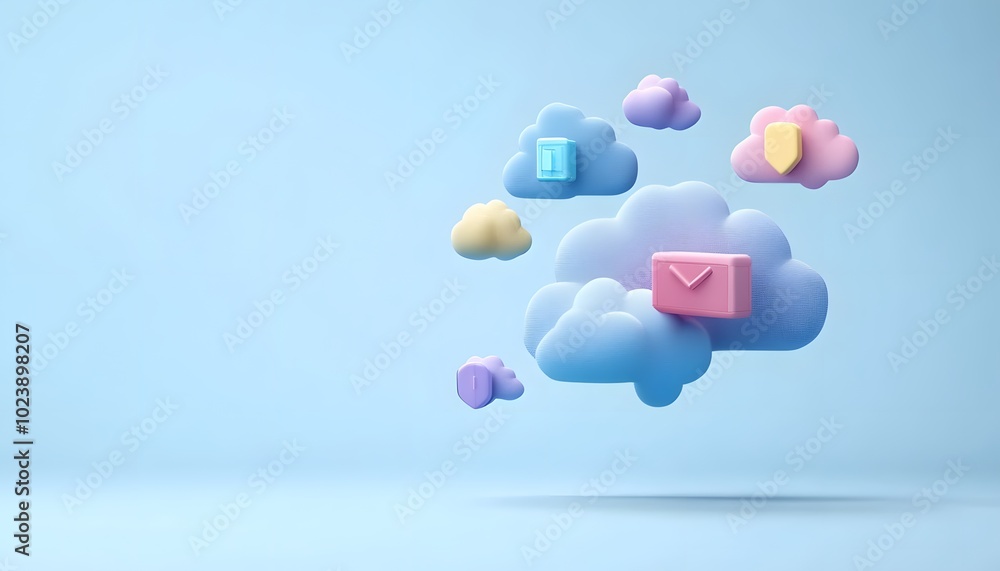 Poster colorful cloud icons representing email and security for digital communication concepts in a modern 