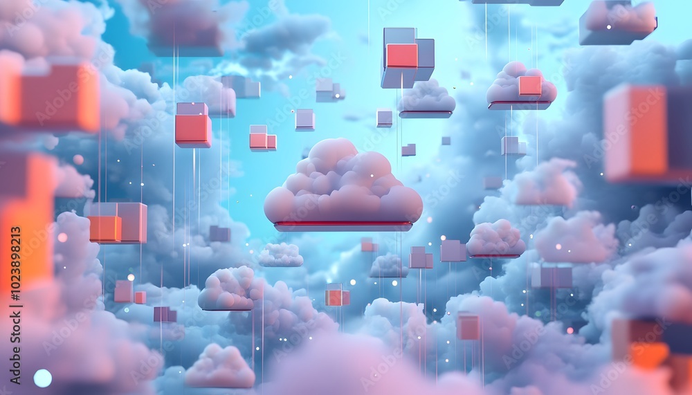 Poster a surreal blend of colorful clouds and floating cubes creating a dreamlike atmosphere in a vibrant d