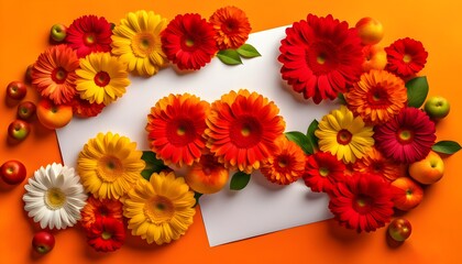 clean white paper among red and yellow flowers and green apples