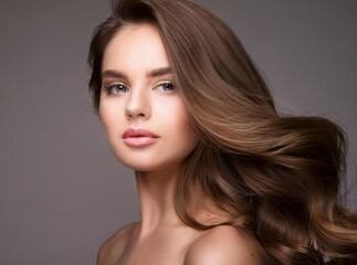 Fototapeta premium An attractive woman with flowing long hair and expertly applied makeup, exuding elegance and confidence in her appearance.
