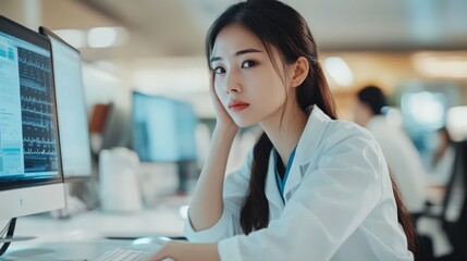 Young Asian medical staff working long hours, stressed at the desk. Managing online consultations and telehealth services.