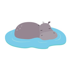 Hippo peeking out of the water, hand drawn illustration