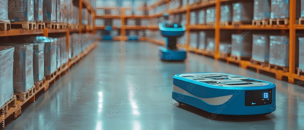 Aufkleber automated warehouse robots navigating through shelves of inventory, enhancing efficiency in modern l