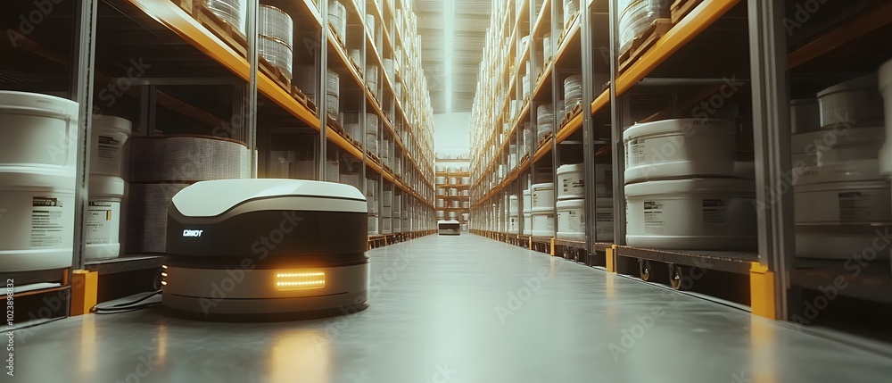 Poster a modern warehouse showcasing an automated robot navigating through shelves of products, symbolizing