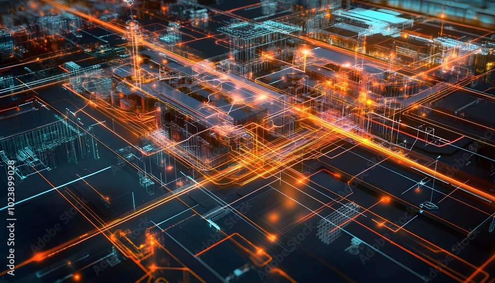 Poster abstract digital landscape with vibrant lights and intricate circuit patterns representing technolog