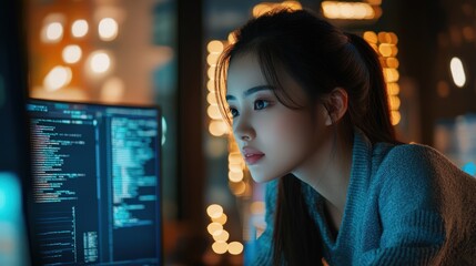 Young Asian woman working on AI coding from home. Focus on big data, cybersecurity, and programming skills.