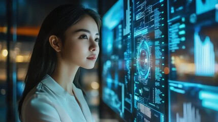 Young Asian woman working on AI and big data analytics. Engaged in digital transformation and upskilling from a modern home office.