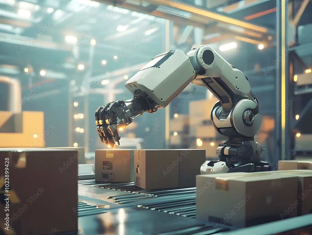 Poster a robotic arm efficiently sorting and managing boxes in a modern warehouse. innovations in automatio