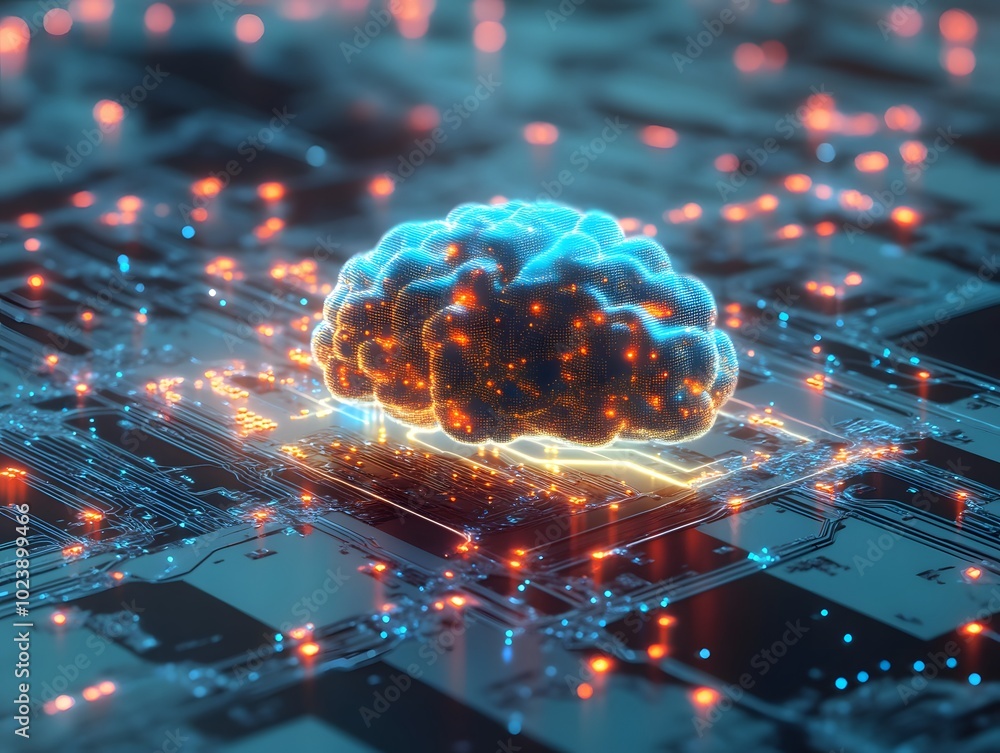 Poster vibrant digital brain illustrating artificial intelligence concepts with glowing circuits and data c
