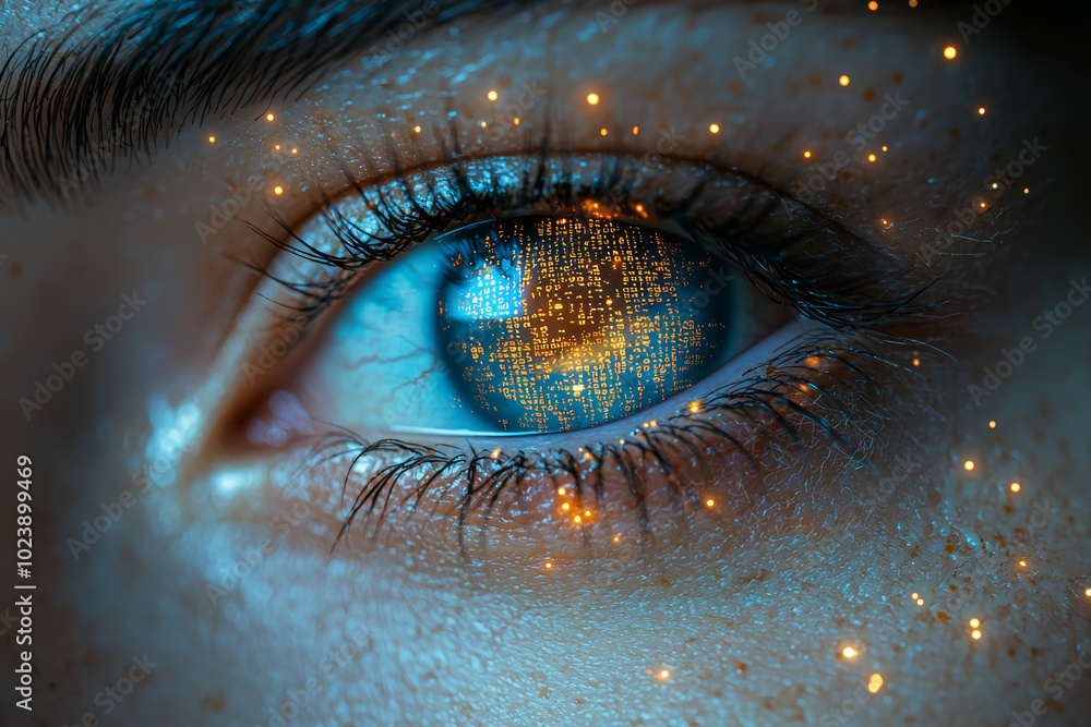 Poster a human eye that reflects computer code, symbolizing the connection between visual perception and da
