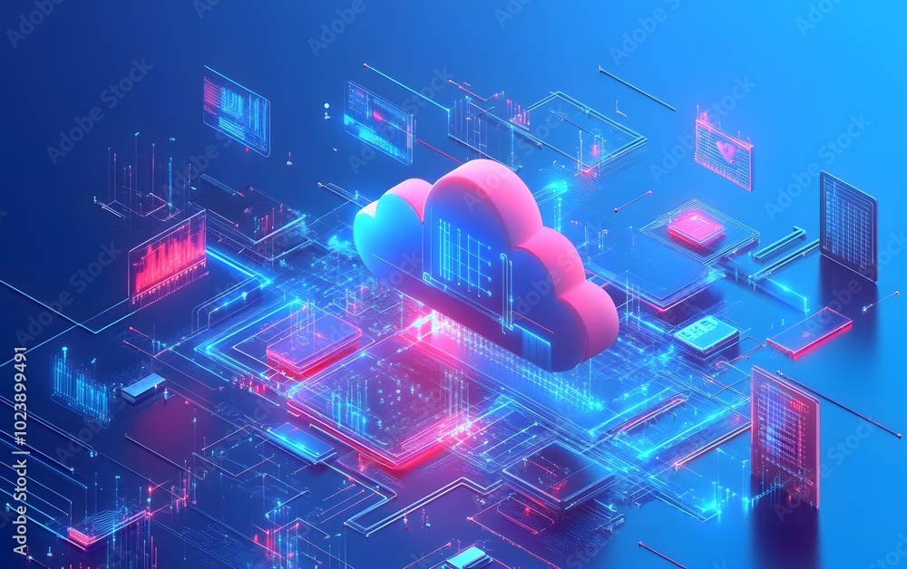 Poster vibrant digital cloud computing concept showcasing futuristic technology with neon colors and intric