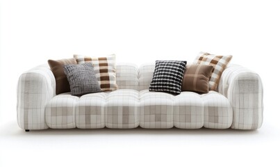 A white couch with a checkered pattern and pillows
