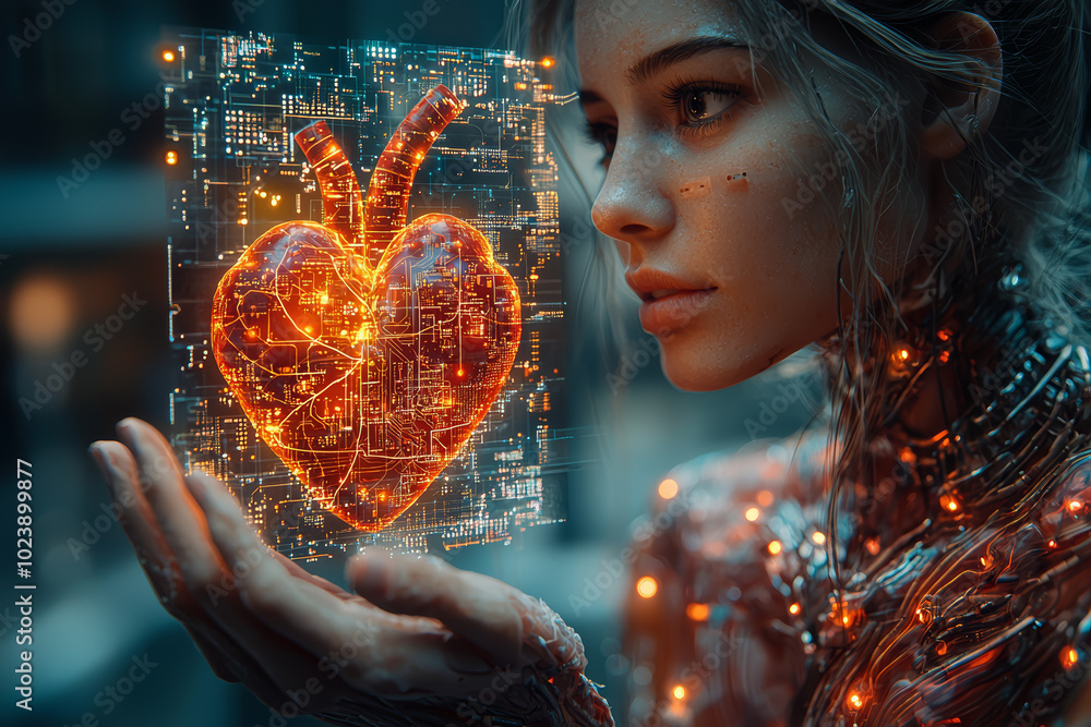 Poster a figure holding a computer chip in one hand and a human heart in the other, symbolizing the balance