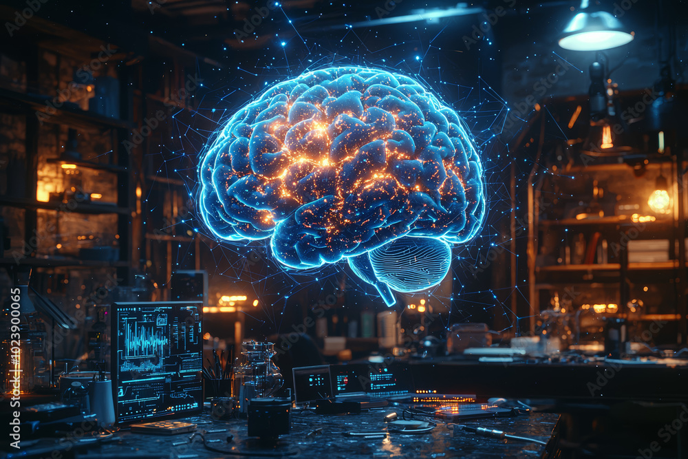 Poster a digital brain floating above a person's head, with glowing wires connecting to various devices aro