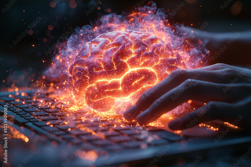 Poster a digital brain evolving from human hands as they type on a keyboard, symbolizing creativity and tec