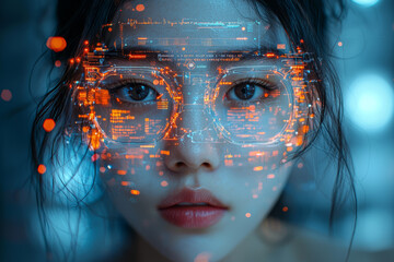A digital interface projected from a person's mind, allowing them to interact with data and machines through thought alone. Concept of augmented reality and cognition.
