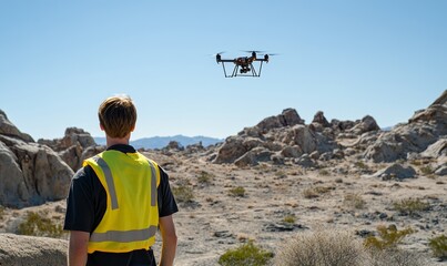 A man in a yellow safety vest watches a drone fly over a rocky area