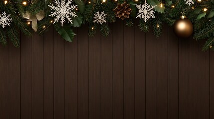 The beautifully textured wooden backdrop features white snowflakes and soft Christmas lights, perfect for showcasing products with a festive touch and creating a warm atmosphere
