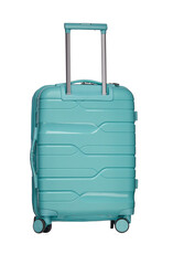 suitcase on wheels luggage on a white background, hand luggage, mint color, with extended handle, isolate