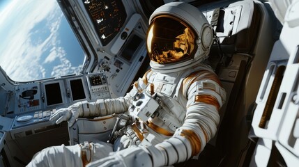Astronaut in Spacecraft with Earth View