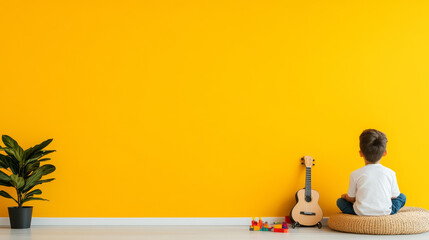 Young boy sits on a cushion facing a yellow wall, a guitar leans against the wall.