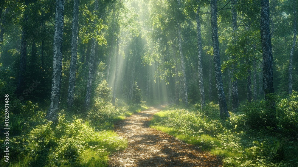Poster a path through a misty forest with sunbeams streaming through the trees.