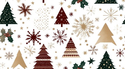This vintage-style pattern showcases Christmas trees and bows arranged in rows against a beige backdrop, adding a simple and cute touch for holiday decor SEAMLESS PATTERN