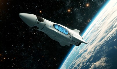 A white rocket is flying through space with a blue window