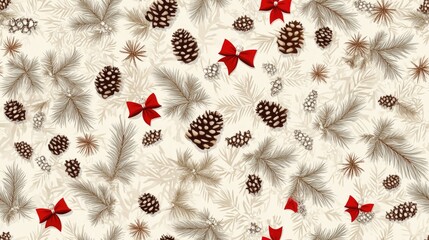 This vintage-style pattern showcases Christmas trees and bows arranged in rows against a beige backdrop, adding a simple and cute touch for holiday decor SEAMLESS PATTERN