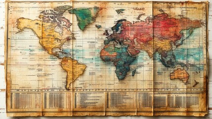 Obraz premium A vintage world map with faded colors, showing the continents and oceans.