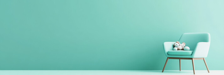 A plush toy sits on a blue armchair in a minimalist room with a light blue wall.