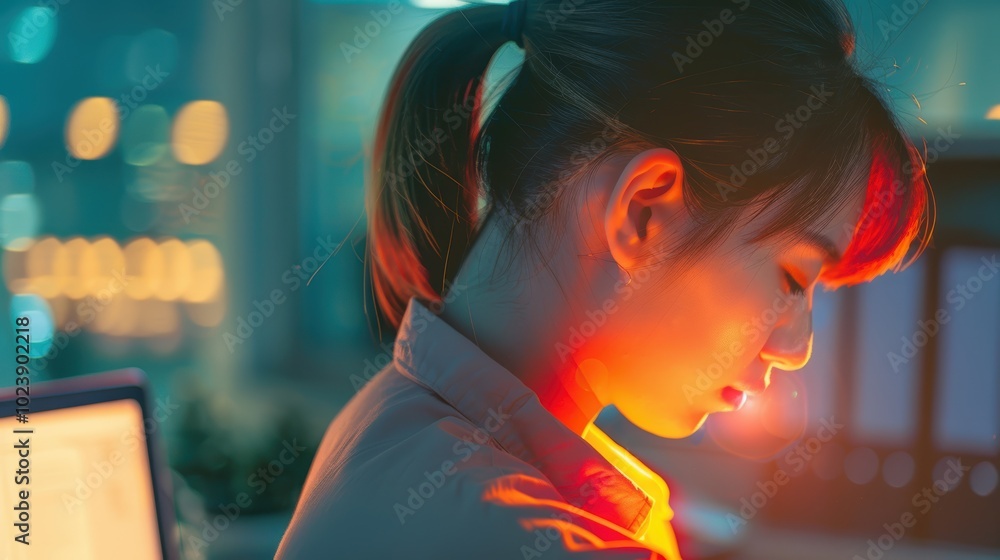 Poster female professional experiencing neck discomfort due to work stress from web design and coding deadl
