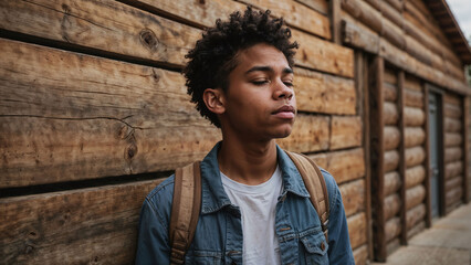 Obraz premium Young man with curly hair, wearing a backpack, standing by a rustic wooden wall