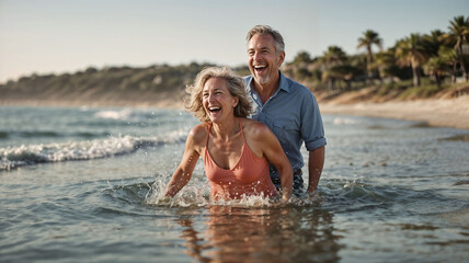 A senior couple having fun in the ocean, enjoying a sunny day at the beach with big smiles