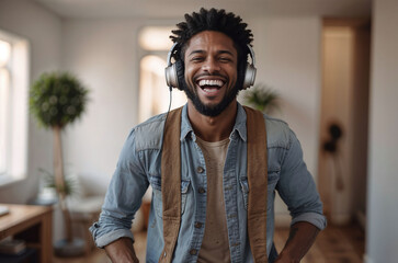 A happy man wearing headphones, standing indoors and enjoying music