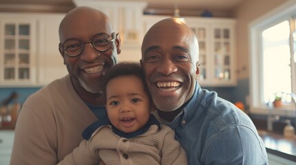 Obraz premium Family portrait featuring a father, grandfather, and boy in a living room, showcasing trust, love, and support. A joyful child bonding with a parent and elder relative