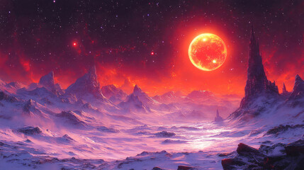 Fototapeta premium A surreal frozen landscape featuring towering ice formations beneath a giant, fiery sun in the distance against a starry night sky