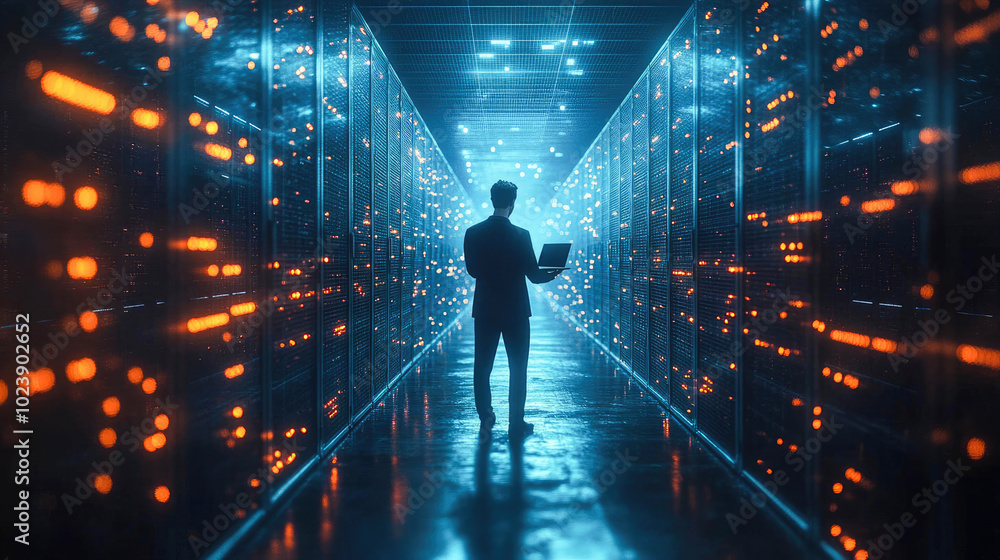 Poster businessman with a laptop in a futuristic data center. surrounded by illuminated servers and glowing