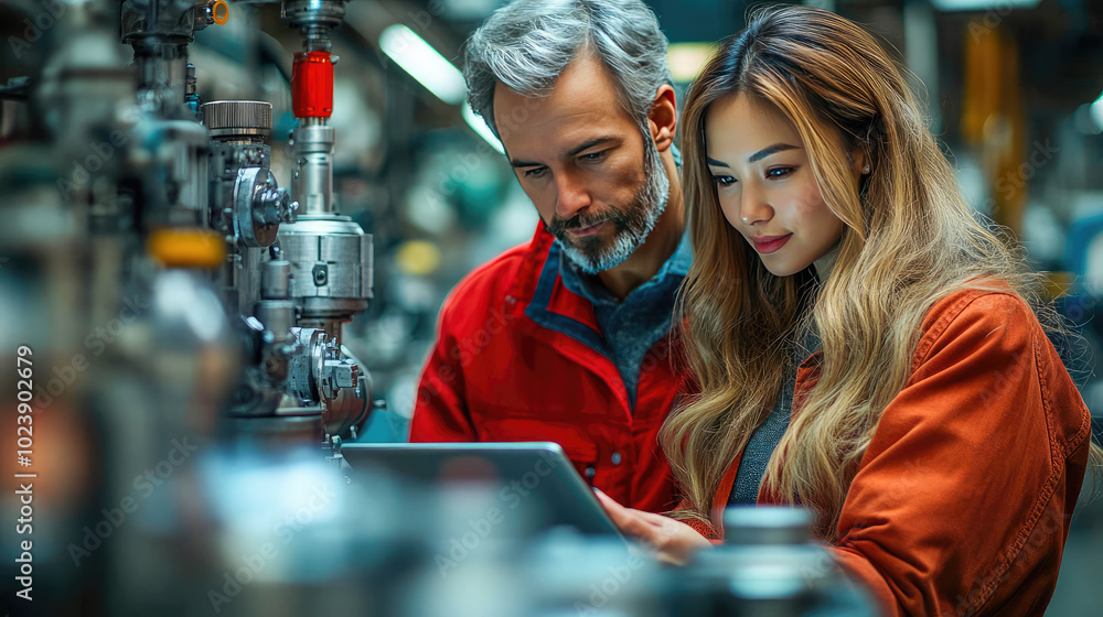 Poster industrial engineers analyzing data on a tablet in a factory, highlighting technology and teamwork i