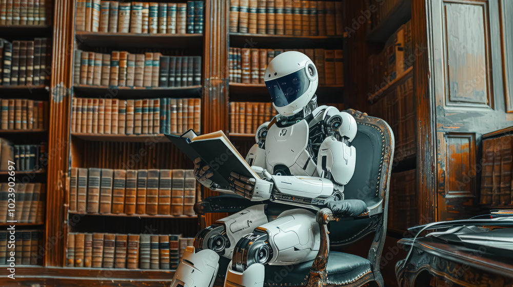 Poster robot is sitting in a library reading a book. the robot is white and has a helmet on. the library is