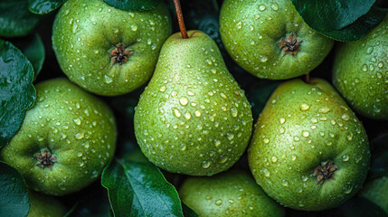 Crisp green apples covered in dewdrops, showcasing their natural freshness and vibrant color, with leaves still attached. A symbol of organic health and vitality