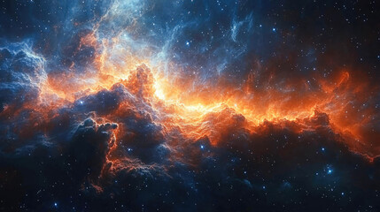 Obraz premium A dramatic outer space scene featuring a vibrant orange and blue nebula amidst countless stars. This cosmic marvel depicts the beauty and power of the universe