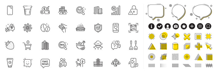 Set of Cooking cutlery, Versatile and Communication line icons for web app. Design elements, Social media icons. Cooking beaker, Online market, Arena stadium icons. Vector
