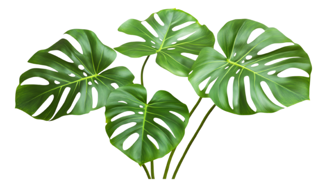 Monstera leaves, vibrant green, on a white isolate background. transparent background