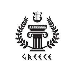 ancient greek symbol with column, lyre and laurel isolated on white background