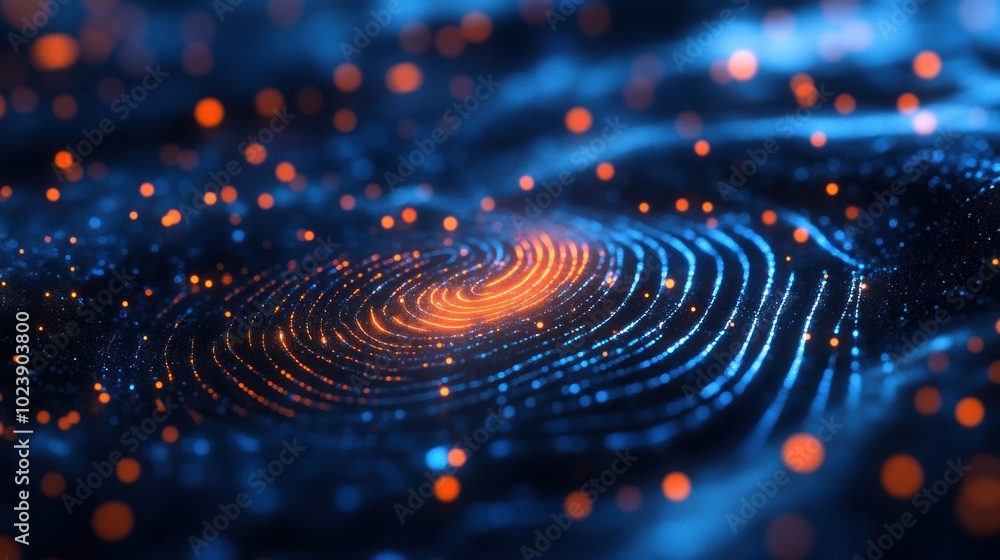 Poster an abstract swirl of glowing blue and orange lines on a black background with a blurred bokeh effect