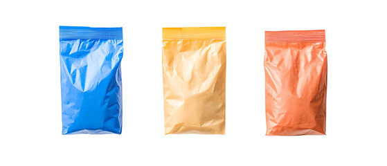 Colorful plastic bags filled with powder on white isolated background. transparent background