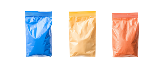 Colorful plastic bags filled with powder on white isolated background. transparent background