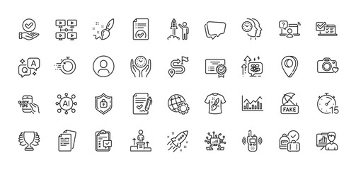 Headshot, Checklist and Globe line icons pack. AI, Question and Answer, Map pin icons. Business podium, Teamwork, Speech bubble web icon. Vector